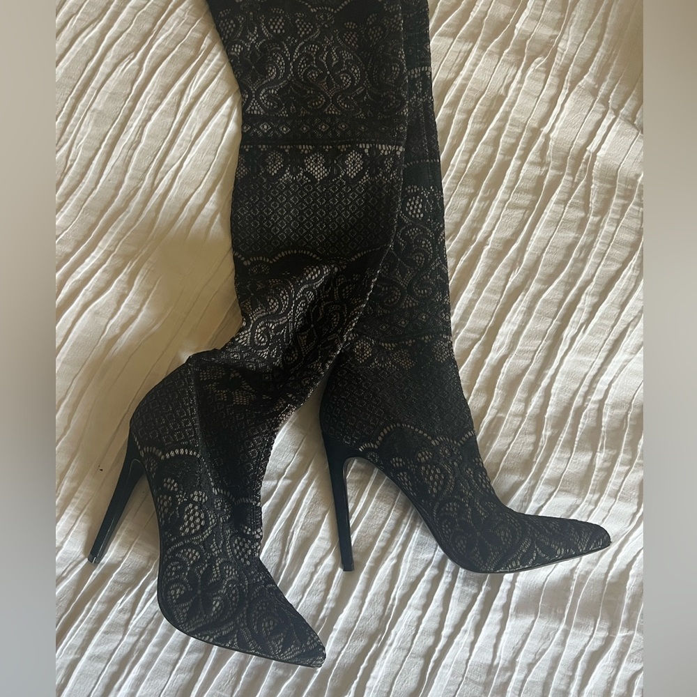 Black lace over the knee stretchy boots size 10